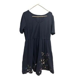 eshakti dress 2x Navy Floral Embroidery Fit N Flare Knee Length Cotton Blend